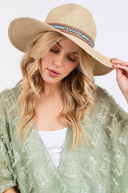 Hana - Woven Boho Aztec Pattern Band Summer Sun Hat