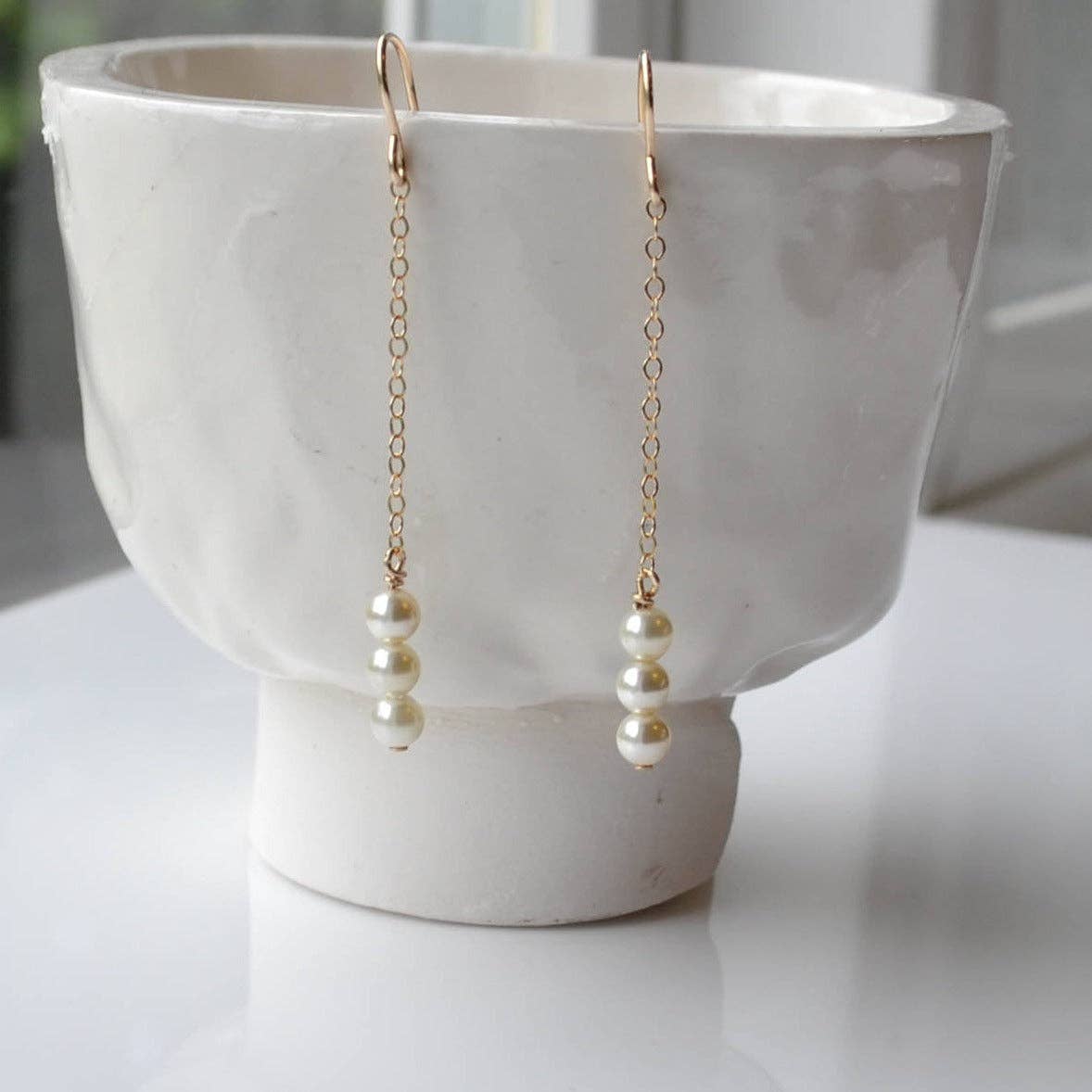 Sela+Sage - 3 Pearl Drop Earrings, Long Pearl Dangle