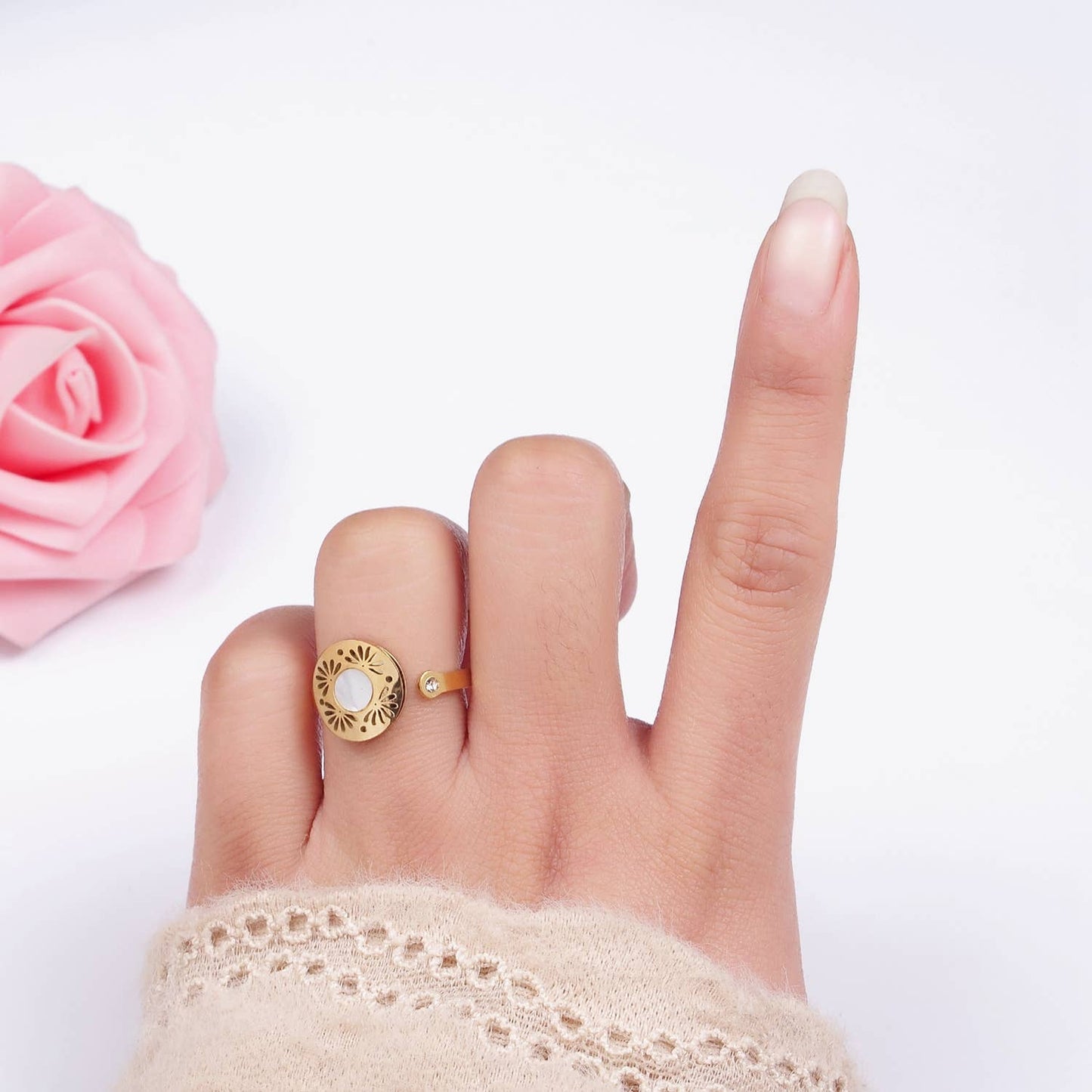 Aim Eternal - Stainless Steel Shell Open Flower Petal Filigree Round Ring