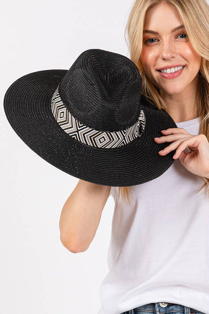 Hana - Aztec Tribal Pattern Band Straw Summer Sun Hat
