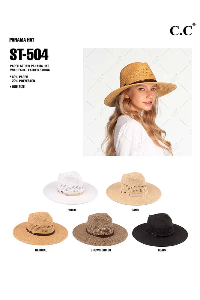 Hana - C.C Faux Leather String Straw Panama Hat