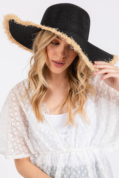 Hana - Frayed Edge Two Tone Floppy Summer Straw Hat
