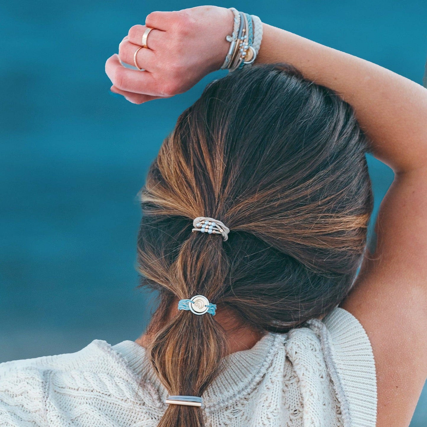K'lani hair tie bracelets - "Wonder" Soft Creams & Blues with Pearls & Gold Hair Tie Bracelets
