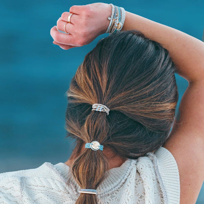 K'lani hair tie bracelets - "Wonder" Soft Creams & Blues with Pearls & Gold Hair Tie Bracelets