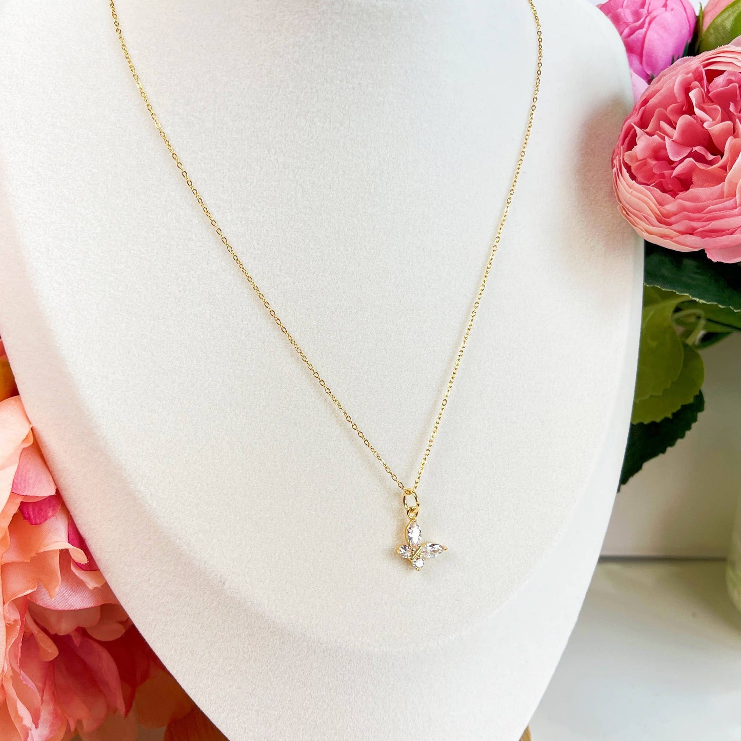 Melange Blanc - N025 gold crystal butterfly charm pendant necklace