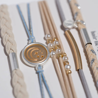 K'lani hair tie bracelets - "Wonder" Soft Creams & Blues with Pearls & Gold Hair Tie Bracelets