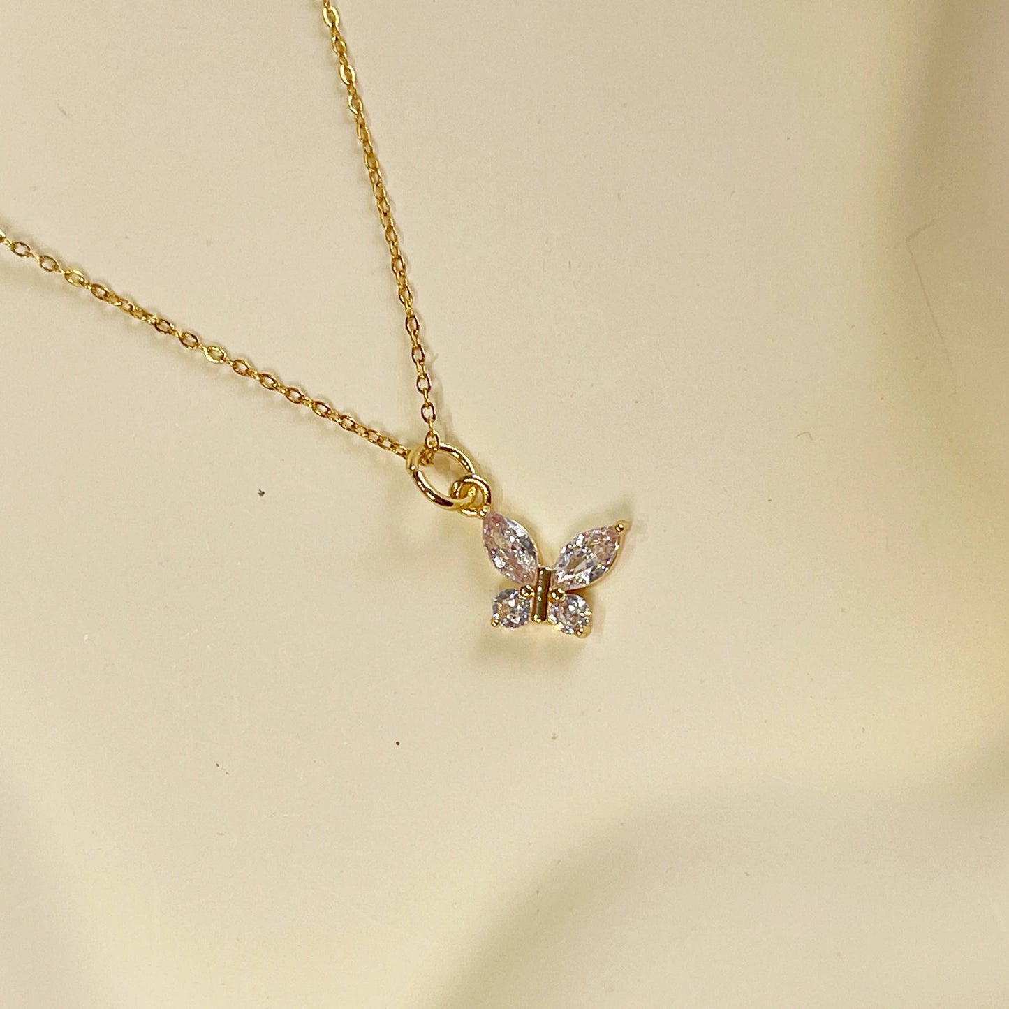Melange Blanc - N025 gold crystal butterfly charm pendant necklace