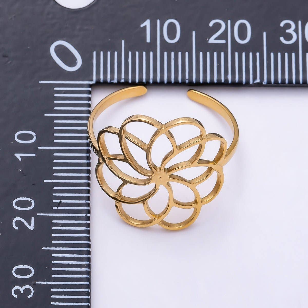 Aim Eternal - PVD Gold Stainless Steel Open Minimalist Flower Statement Ring | Rings-00323
