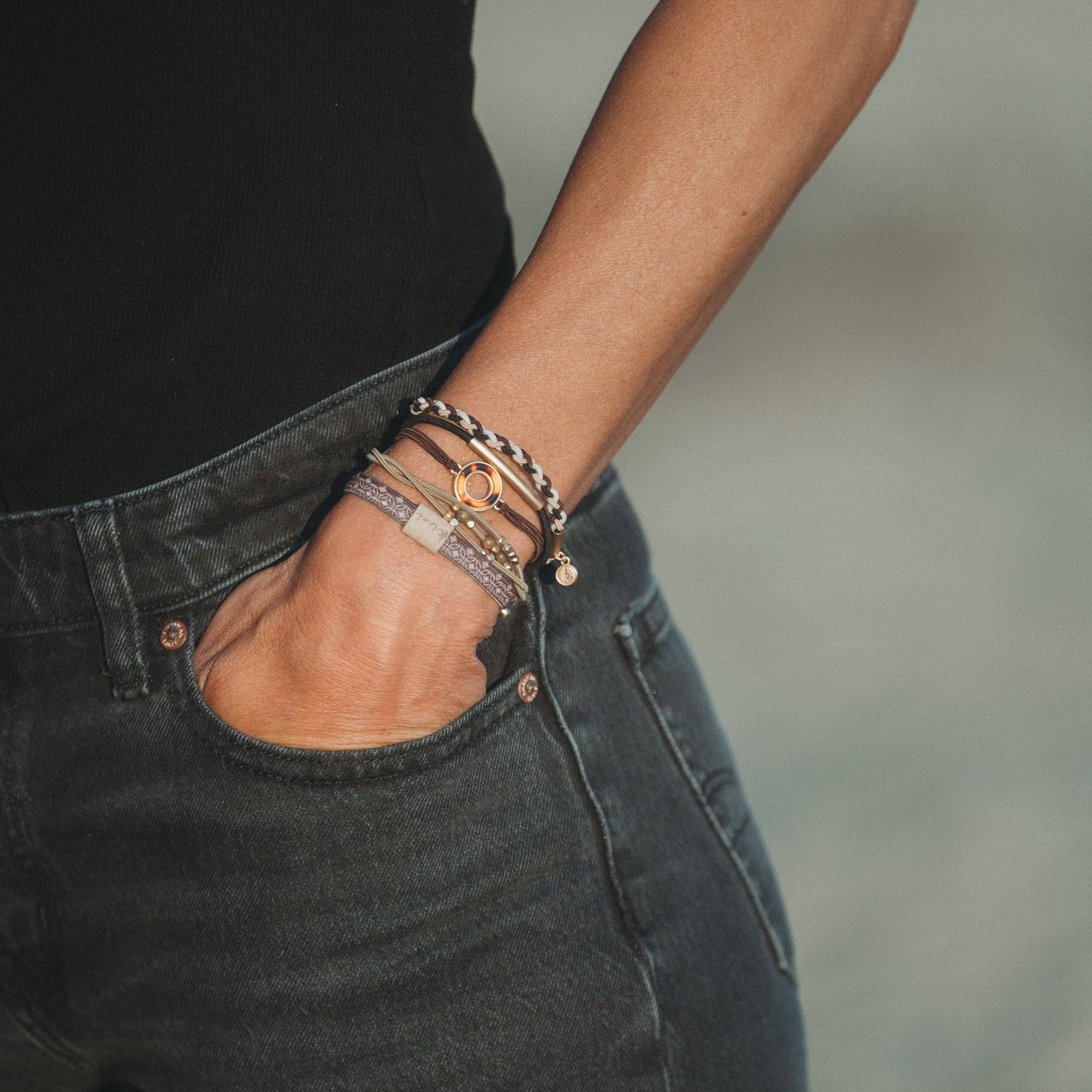 K'lani hair tie bracelets - "Ember" Tortoise Shell Ring Charm with gold, browns and neutrals.