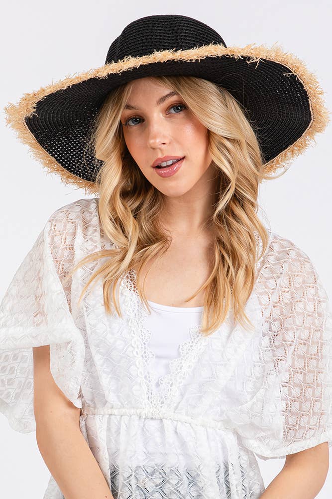 Hana - Frayed Edge Two Tone Floppy Summer Straw Hat