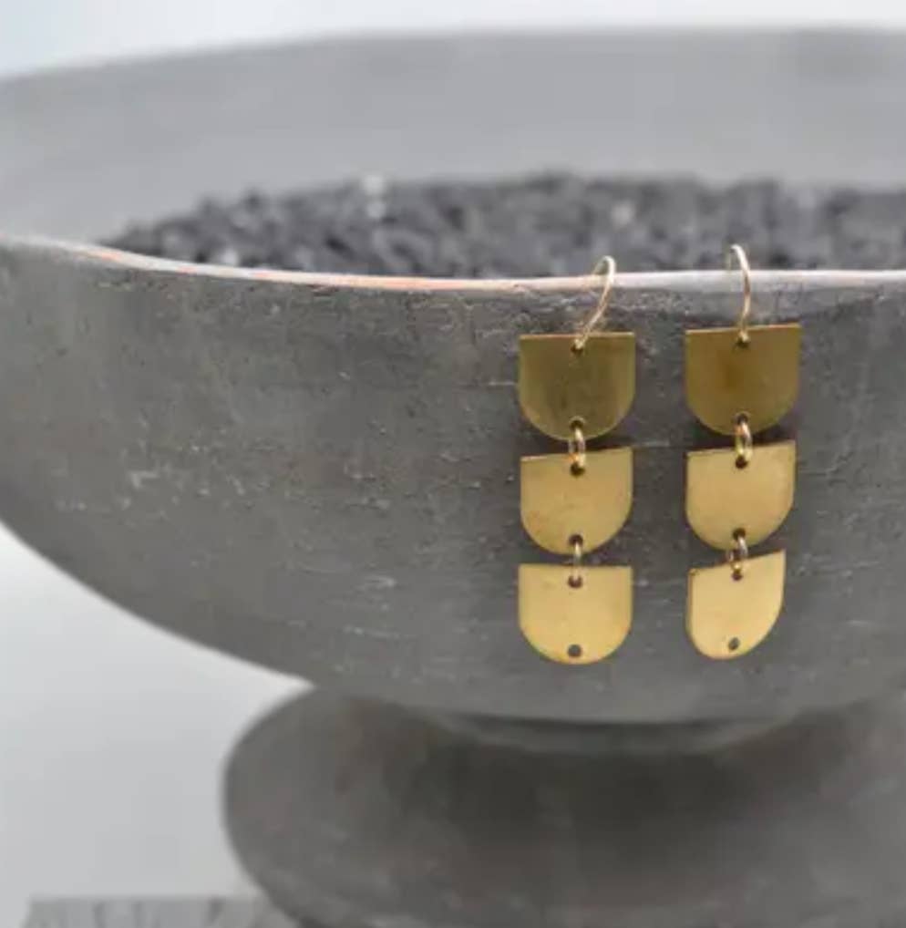 Sela+Sage - Circle Arch Three, Worn Brass Drop  Earrings & Gold Filled