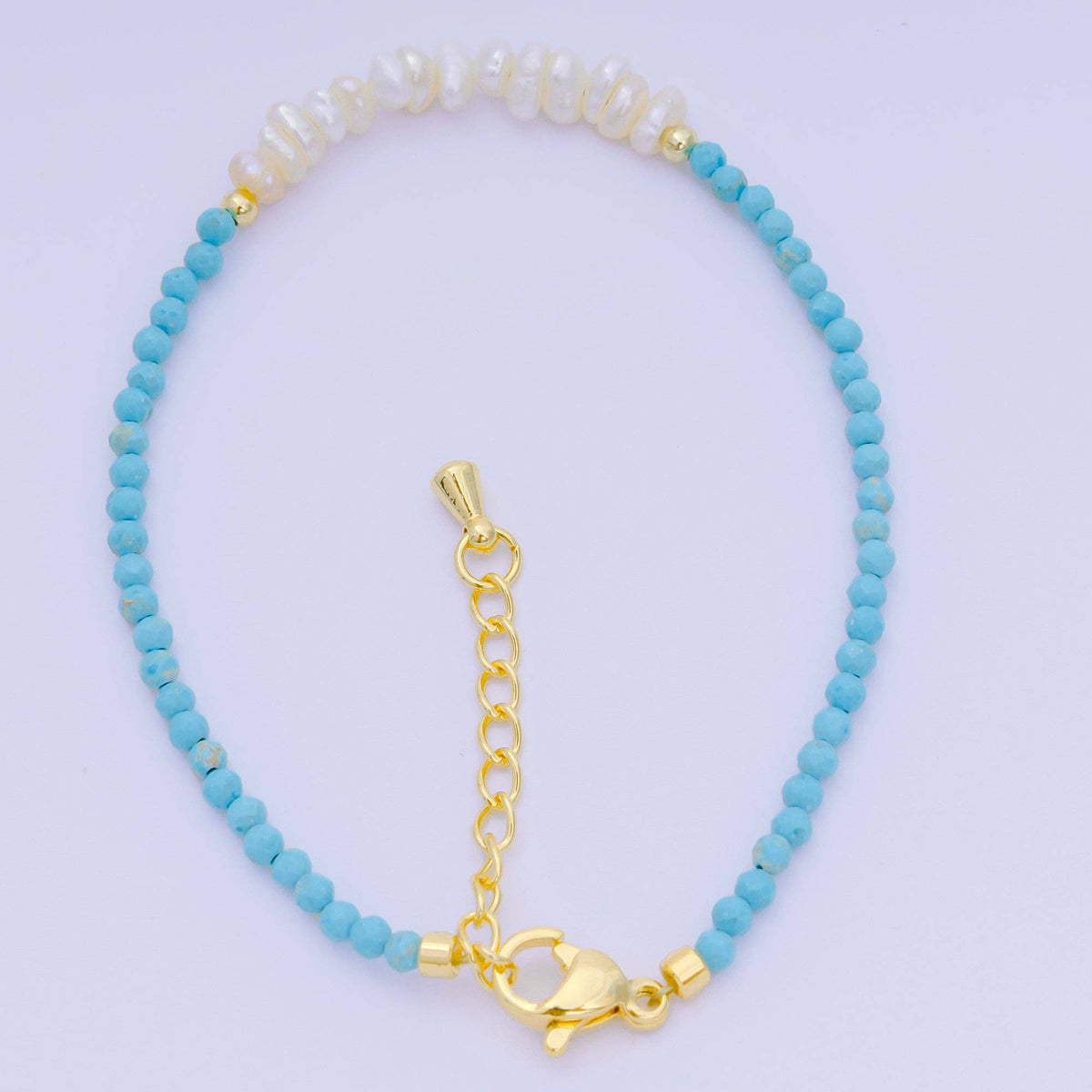 Aim Eternal - 24K Gold Filled Shell Pearl Multifaceted Natural Gemstone Bead 6.69 Inch Bracelet w. Extender | WA-03695 ~ WA-03717