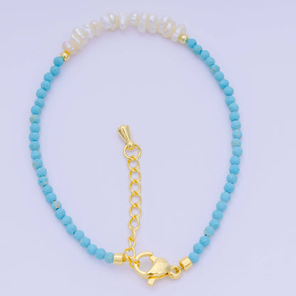 Aim Eternal - 24K Gold Filled Shell Pearl Multifaceted Natural Gemstone Bead 6.69 Inch Bracelet w. Extender | WA-03695 ~ WA-03717