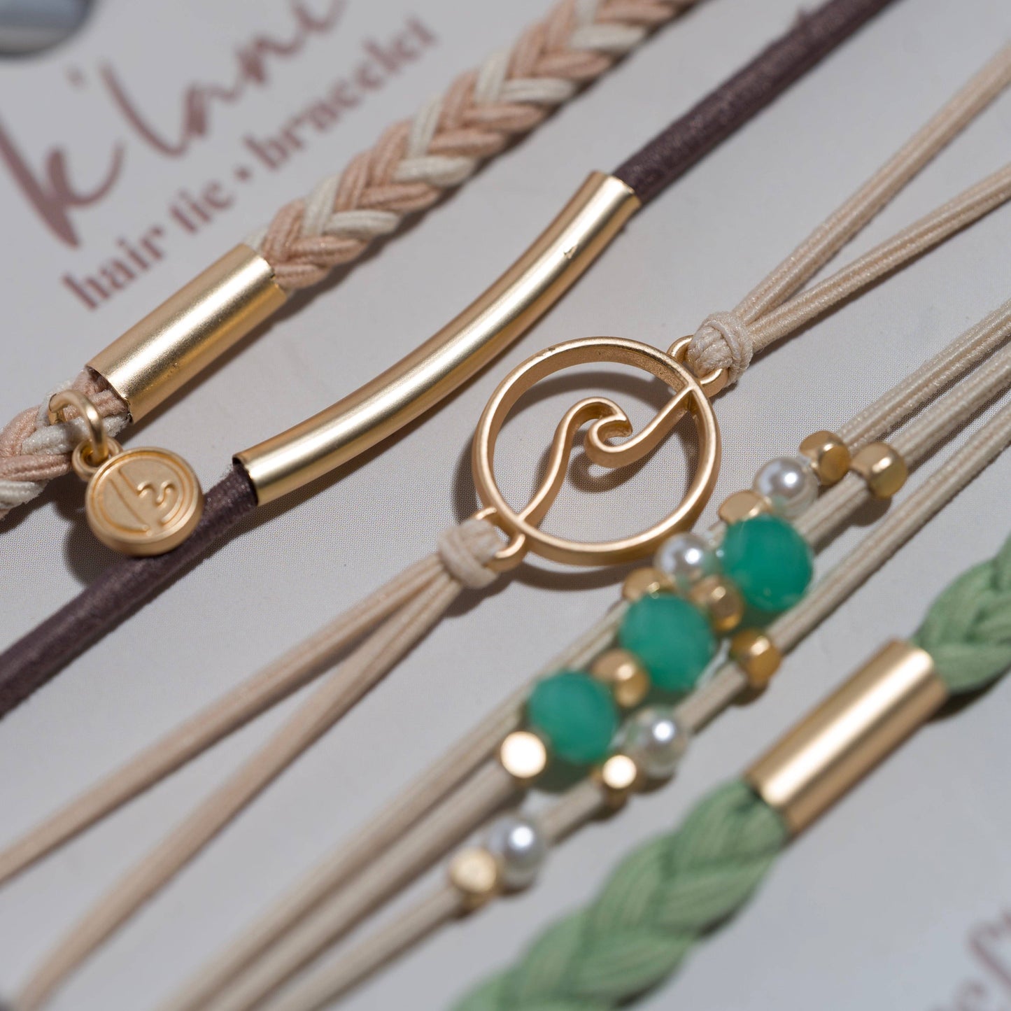 K'lani hair tie bracelets - "Reflect" Gold Wave with Beachy Neutrals Hair Tie Bracelets