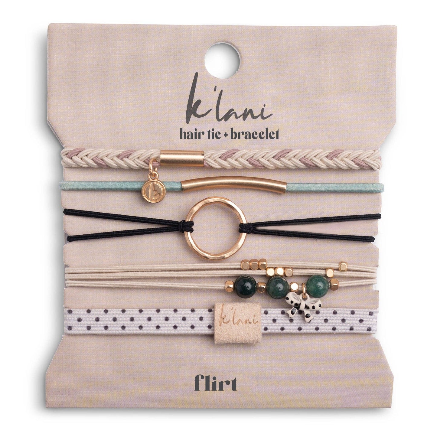 K'lani hair tie bracelets - "Flirt" Polka Dot in Cream & Black with Green Accent Hair Tie Bracelets