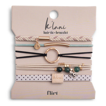 K'lani hair tie bracelets - "Flirt" Polka Dot in Cream & Black with Green Accent Hair Tie Bracelets