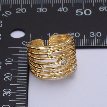 Aim Eternal - Gold Wide Multiple Bamboo Geometric CZ Band Statement Ring | O-068