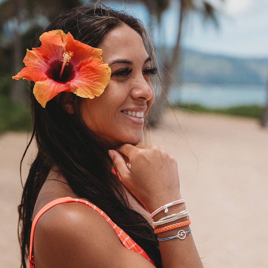 K'lani hair tie bracelets - "Celebrate" Blues and Corals With Silver Wave Charm Hair Tie Bracelets