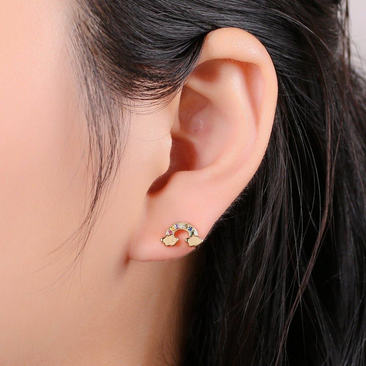 Aim Eternal - Tiny CZ Rainbow Stud Earrings Dainty Multi Color Cloud Stud Earring Gold Minimalist Jewelry for her christmas gift Q-260