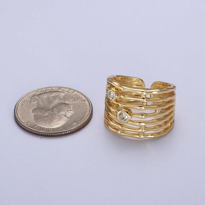 Aim Eternal - Gold Wide Multiple Bamboo Geometric CZ Band Statement Ring | O-068