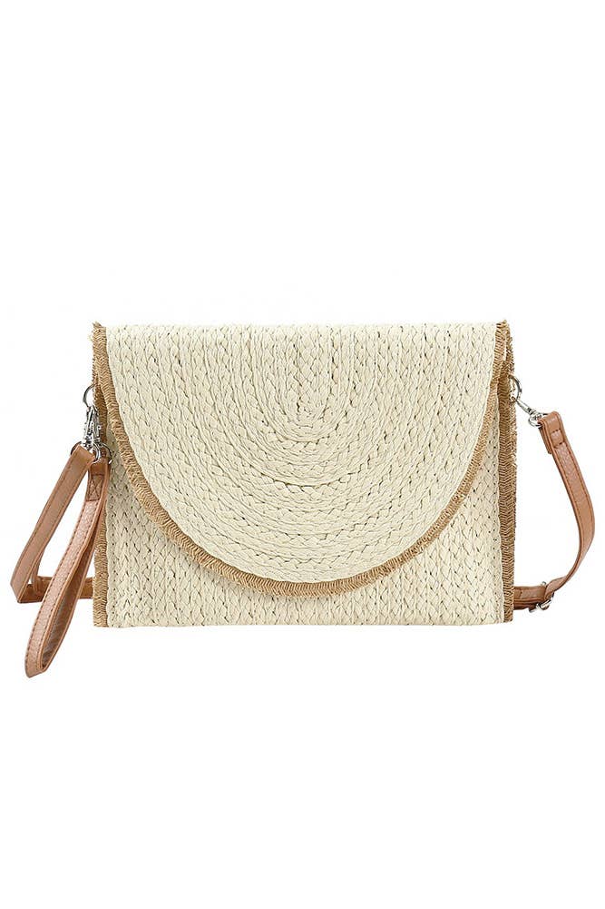 Hana - Frayed Trim Two Tone Straw Clutch Crossbody Bag