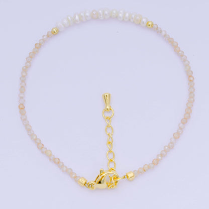 Aim Eternal - 24K Gold Filled Shell Pearl Multifaceted Natural Gemstone Bead 6.69 Inch Bracelet w. Extender | WA-03695 ~ WA-03717