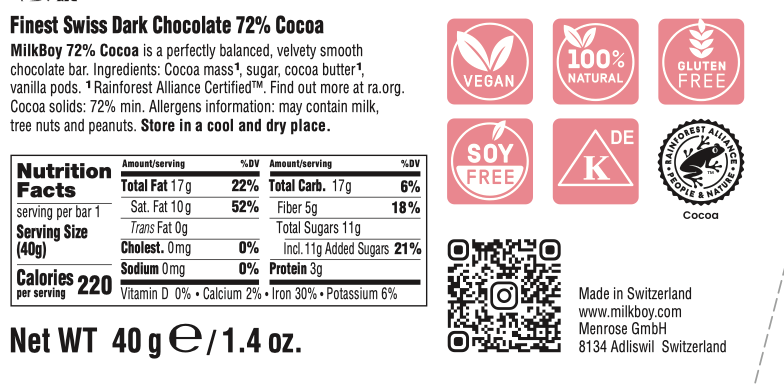 Milkboy Swiss Chocolates - Finest 72% Cocoa Snack Size Bars 1.4oz