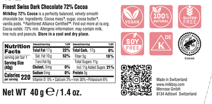 Milkboy Swiss Chocolates - Finest 72% Cocoa Snack Size Bars 1.4oz