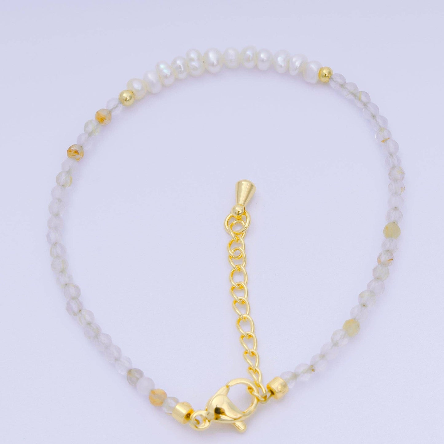 Aim Eternal - 24K Gold Filled Shell Pearl Multifaceted Natural Gemstone Bead 6.69 Inch Bracelet w. Extender | WA-03695 ~ WA-03717