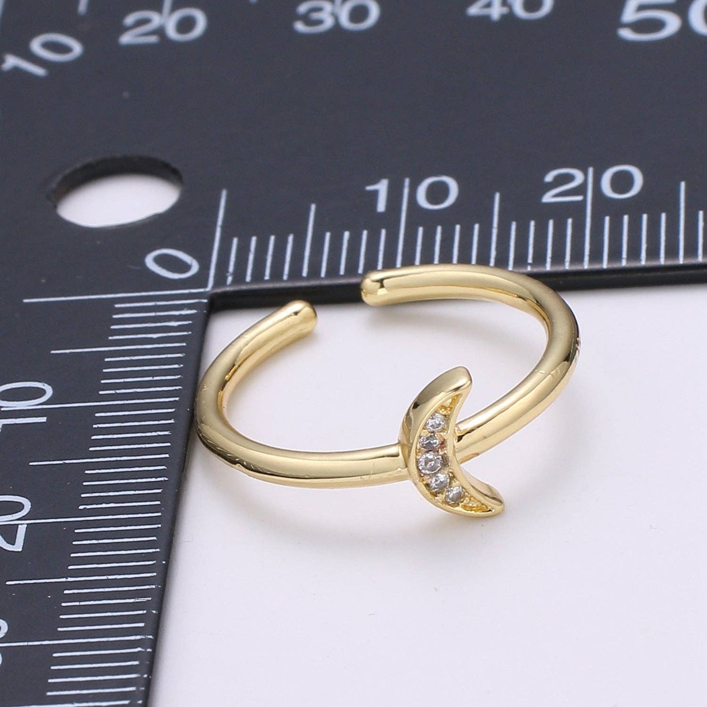 Aim Eternal - 1pc Cresent Moon CZ 24k Gold Ring, Moon Cubic Pave Adjustable Gold Curb Ring, Simple Ring, Clear Cubic Zirconia R316