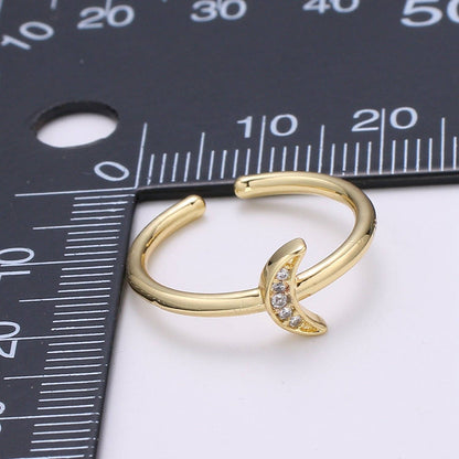 Aim Eternal - 1pc Cresent Moon CZ 24k Gold Ring, Moon Cubic Pave Adjustable Gold Curb Ring, Simple Ring, Clear Cubic Zirconia R316