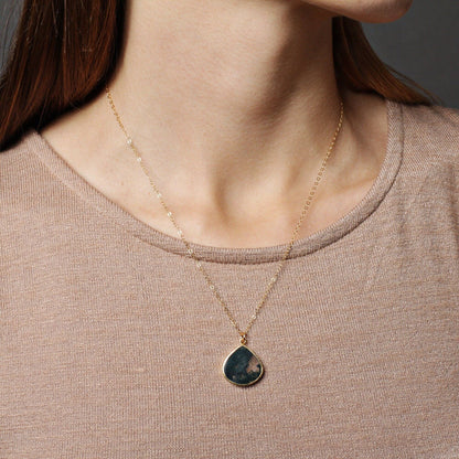 Soul & Little Rose - Moss Agate Large Drop Gold Pendant Necklace