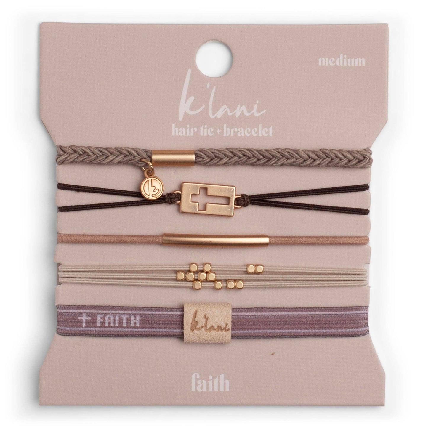 K'lani hair tie bracelets - "Faith" Warm Neutrals with Gold Cross Hair Tie Bracelets