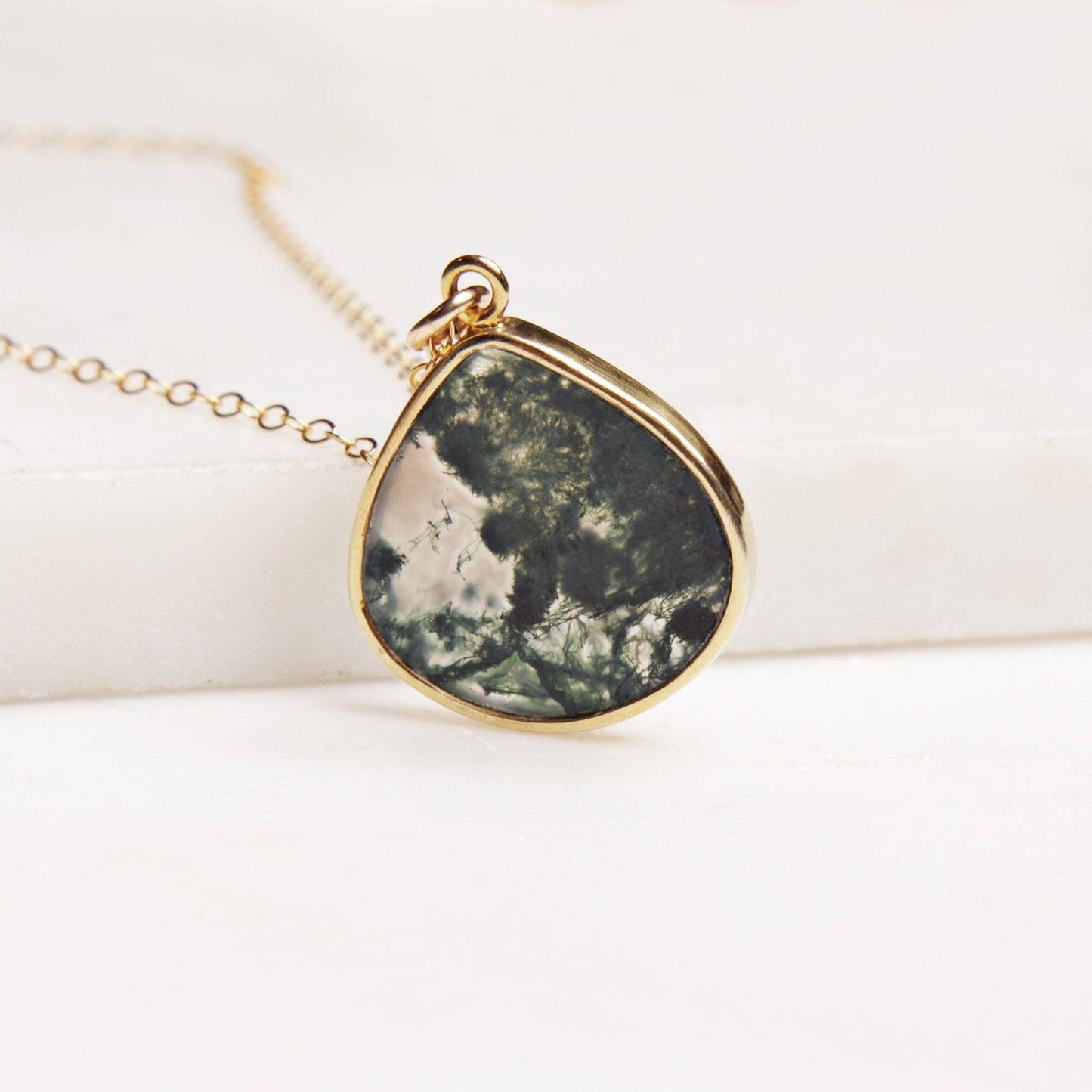 Soul & Little Rose - Moss Agate Large Drop Gold Pendant Necklace