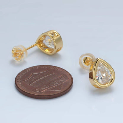 Aim Eternal - 24K Gold Filled 10mm Clear CZ Teardrop Bezel Stud Earrings | P540