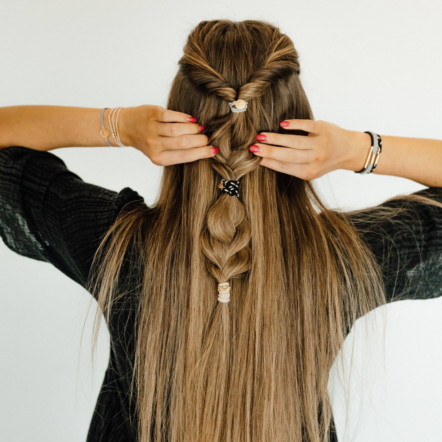 K'lani hair tie bracelets - "Inspire" Grey & Black with Gold Flower Accent Hair Tie Bracelets