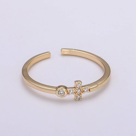 Aim Eternal - Delicate Sideway Cross Ring 18k gold Filled Open Adjustable Ring R306