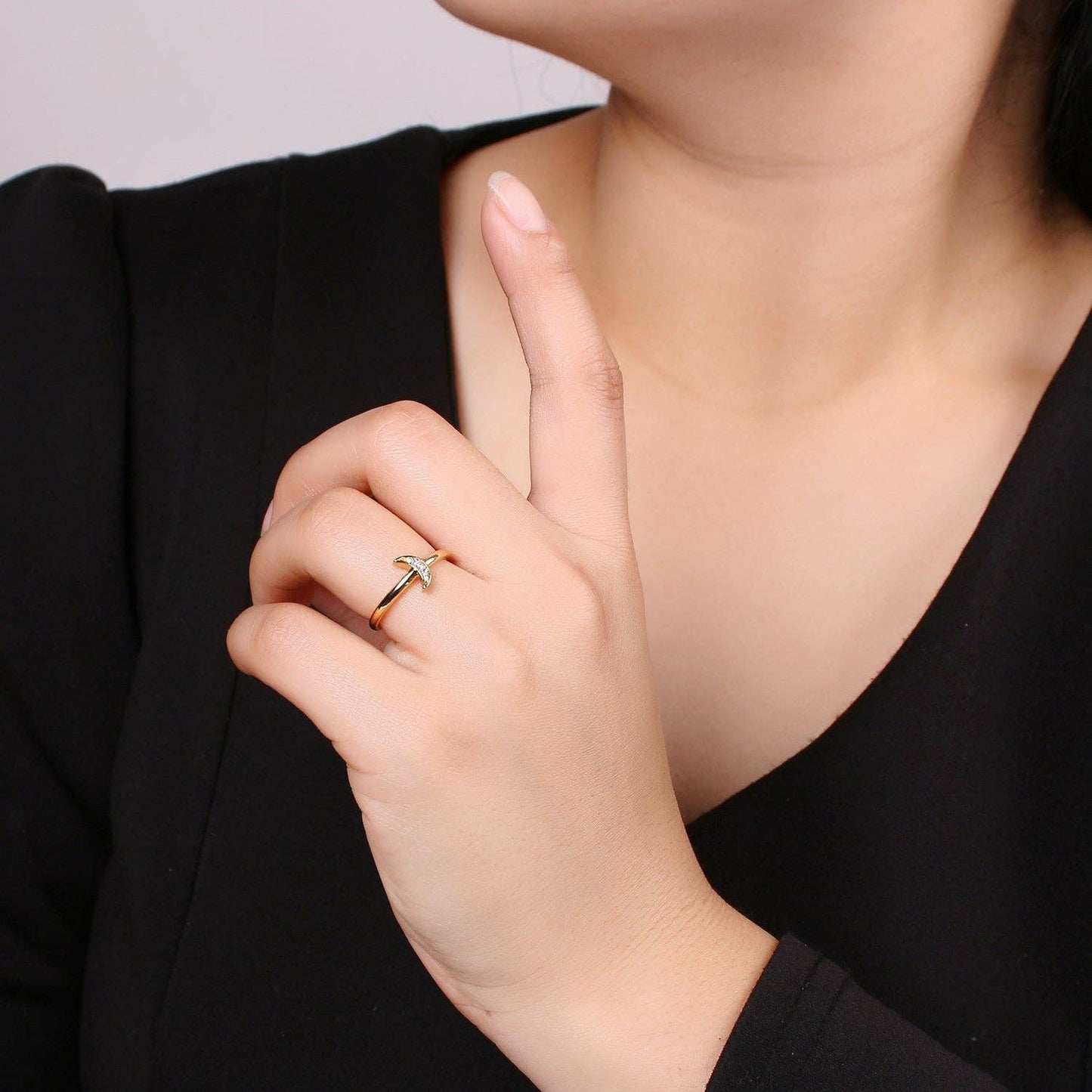 Aim Eternal - 1pc Cresent Moon CZ 24k Gold Ring, Moon Cubic Pave Adjustable Gold Curb Ring, Simple Ring, Clear Cubic Zirconia R316