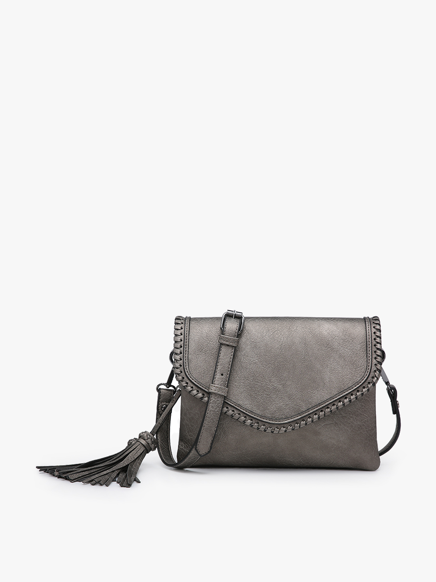 Jen & Co. - M1802A Sloane Flapover Crossbody w/ Whipstitch and Tassel