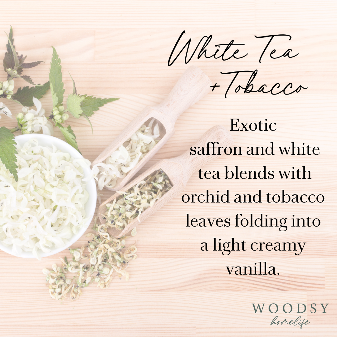 Woodsy Homelife - White Tea & Tobacco-Solid Brass 14oz Pure Soy Candle