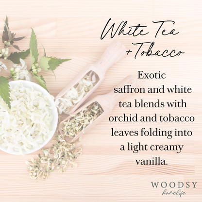 Woodsy Homelife - White Tea & Tobacco-Solid Brass 14oz Pure Soy Candle