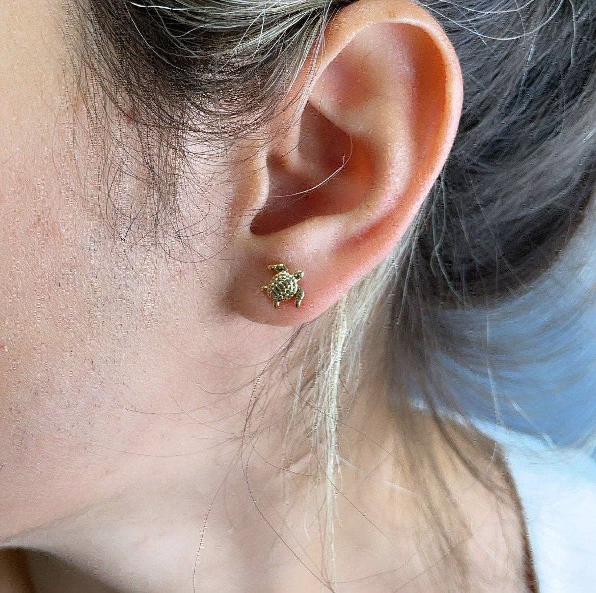 Milie Jewels - 18k Gold Filled Tiny Plain Turtle Dainty Stud Earrings, Sea Animal Ocean