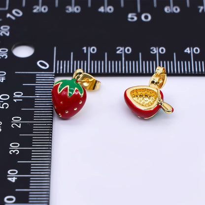 Aim Eternal - 24K Gold Filled 15mm Red Enamel Strawberry Fruit Stud Earrings | AI424