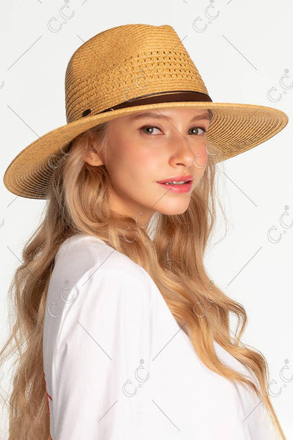 Hana - C.C Faux Leather String Straw Panama Hat