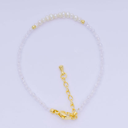 Aim Eternal - 24K Gold Filled Shell Pearl Multifaceted Natural Gemstone Bead 6.69 Inch Bracelet w. Extender | WA-03695 ~ WA-03717