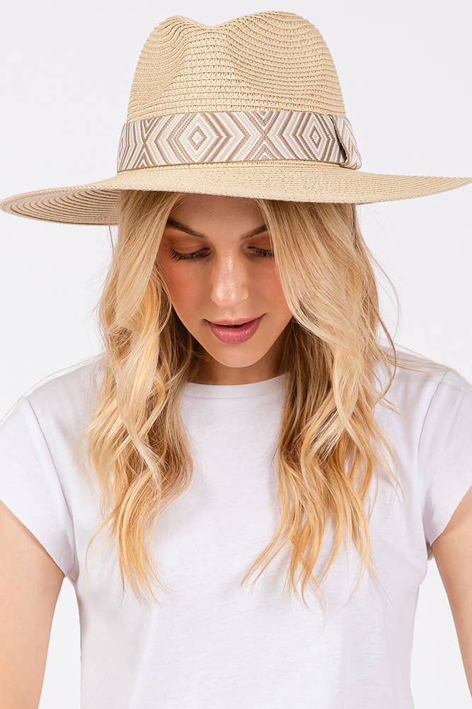 Hana - Aztec Tribal Pattern Band Straw Summer Sun Hat
