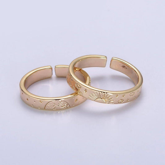 Aim Eternal - Gold Celestial Astronomy RING SET, Engraved Sun & Moon & Stars Gold Band Rings, 16K Gold Filled Adjustable Rings U-442