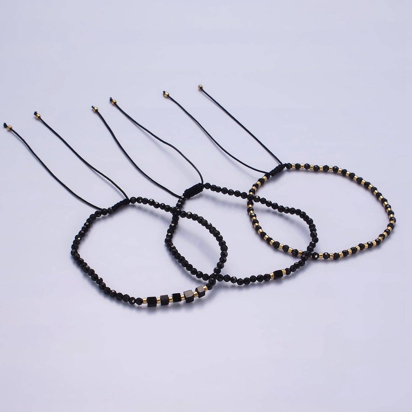Aim Eternal - 14K Gold Filled Onyx Multifaceted Black Rope Adjustable Friendship Bracelet | WA-2165 ~ WA-2167