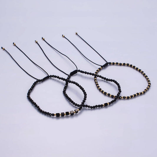 Aim Eternal - 14K Gold Filled Onyx Multifaceted Black Rope Adjustable Friendship Bracelet | WA-2165 ~ WA-2167