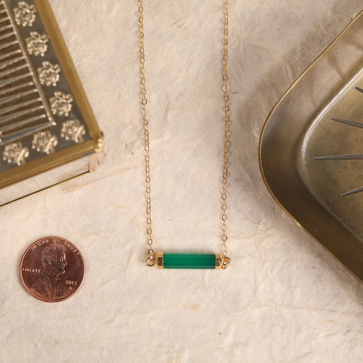 Soul & Little Rose - Green Onyx Long Bar Gold Necklace